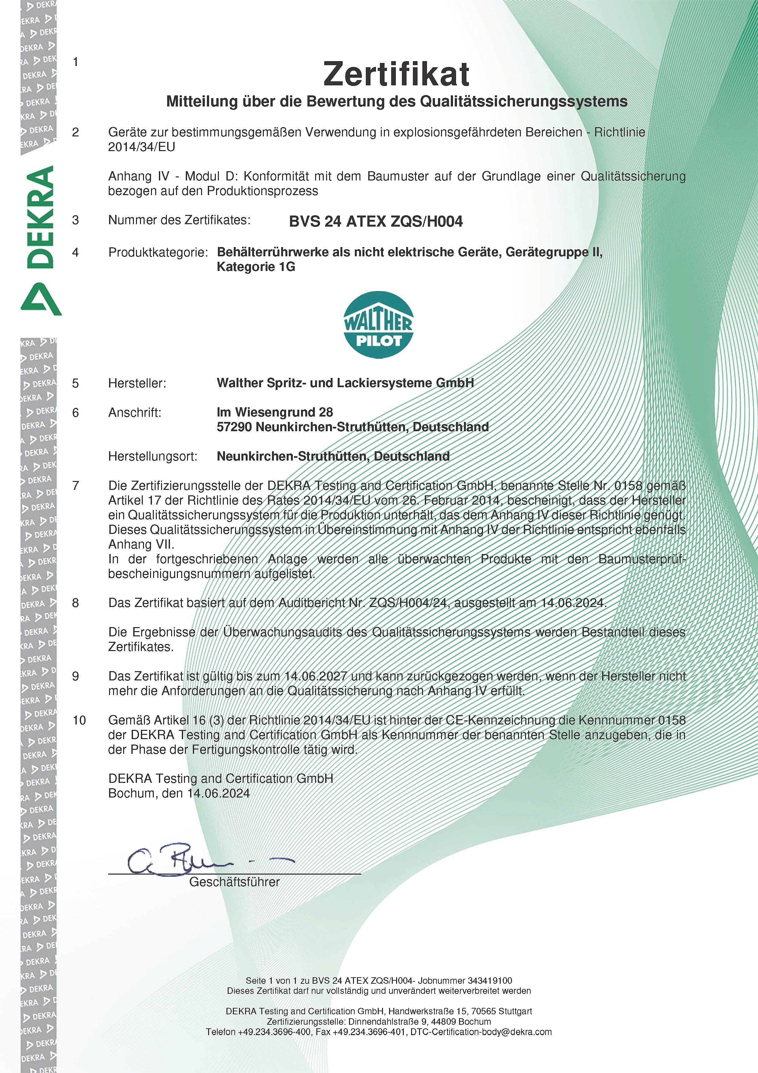 ATEX Zertifikat BVS 18 ATEX ZQS H004 DE
